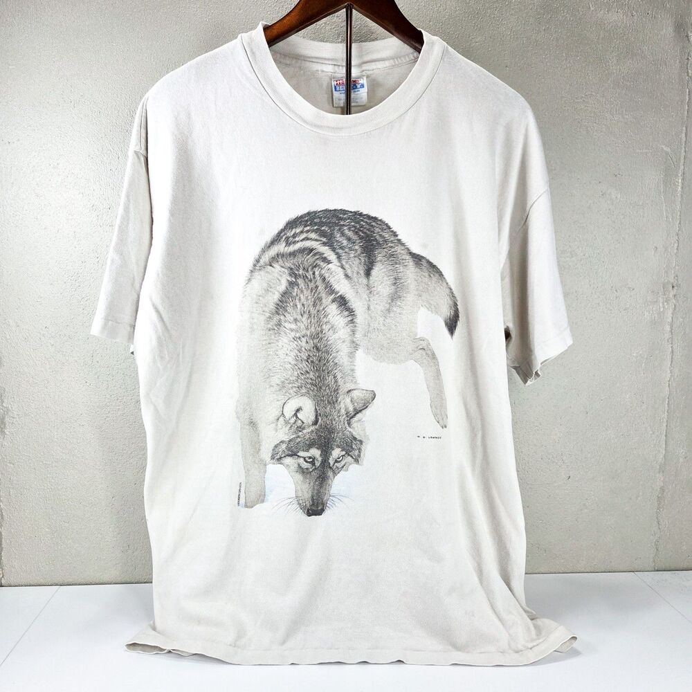 Vintage 90s Wolf Nature T Shirt Hanes Beefy-T Single Stitch Wildlife Tee Sz XL - Picture 2 of 10
